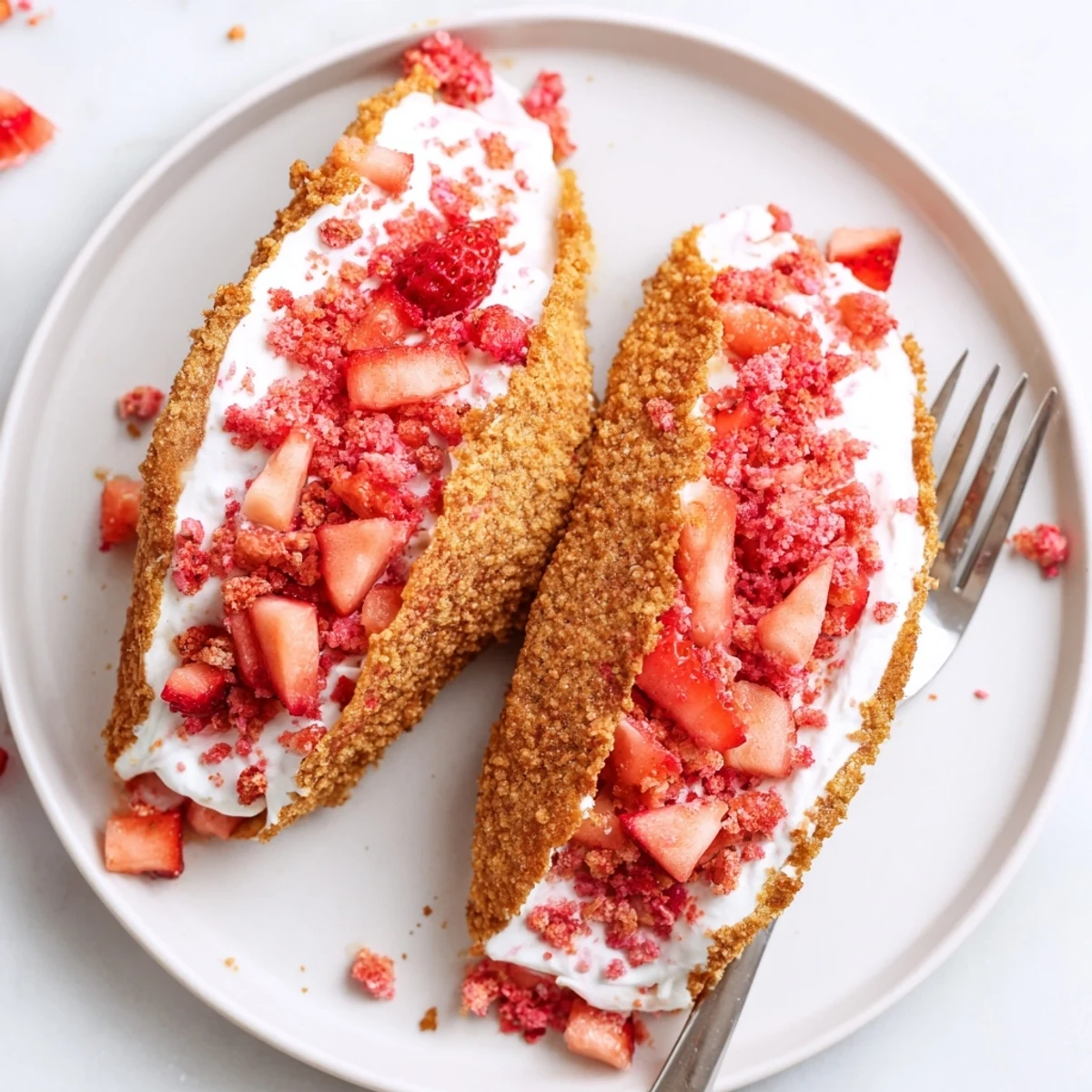 Golden baked tortilla shells stuffed with fluffy cheesecake mousse and crunchy strawberry crumble in handheld strawberry crunch cheesecake tacos
