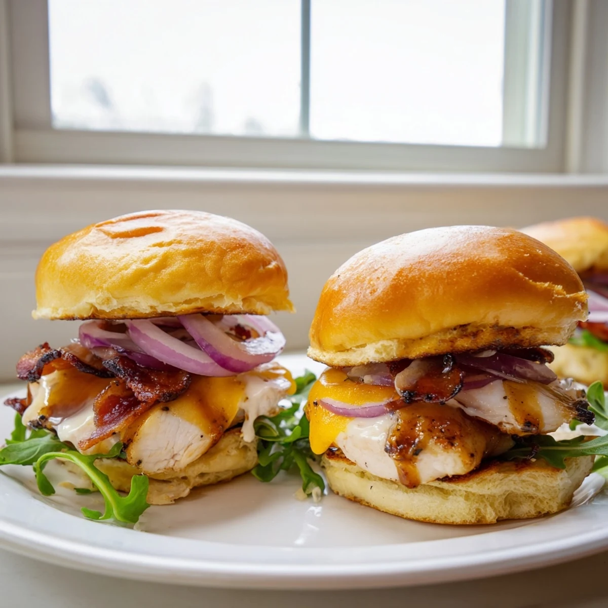 Golden maple chicken bacon sliders stacked on toasted buns with melted cheddar and fresh arugula
