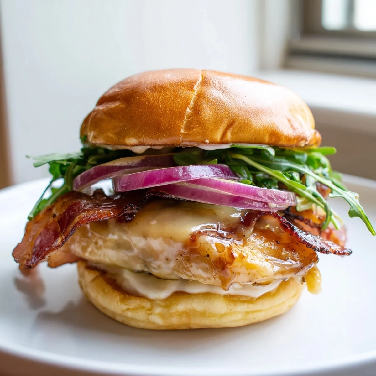 Crispy bacon and maple-glazed chicken sliders topped with red onion on buttery golden buns