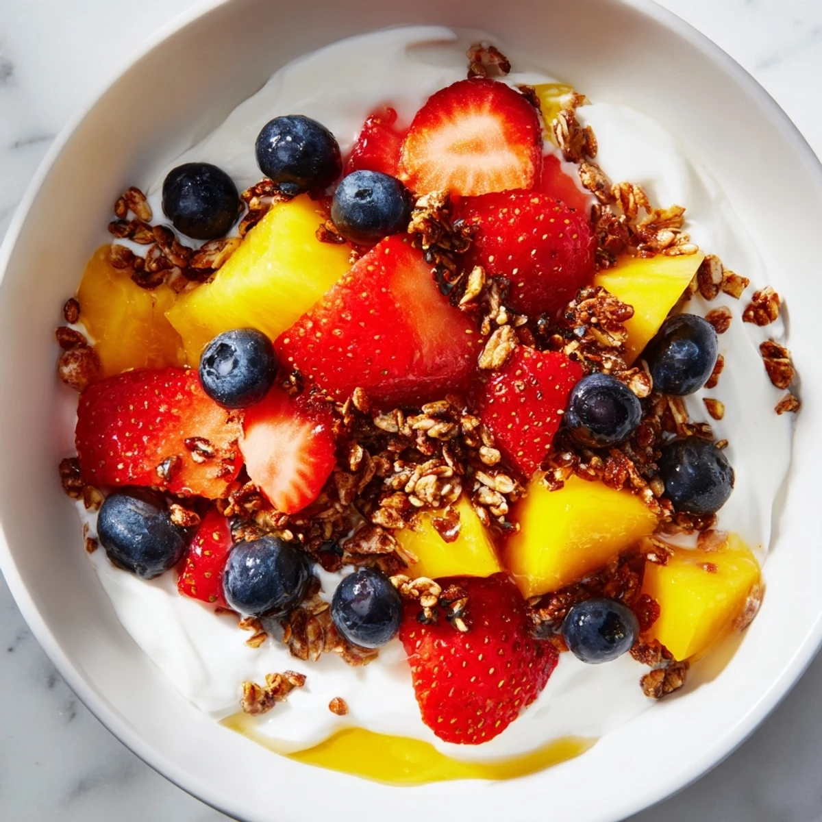 Creamy yogurt fruit bowl topped with fresh strawberries blueberries mango and crunchy granola