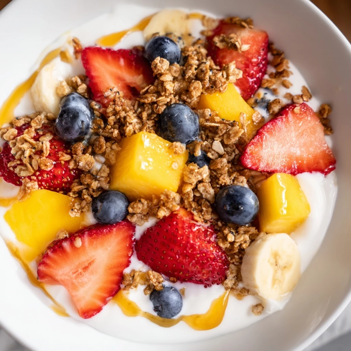 Vibrant yogurt fruit bowl drizzled with honey and sprinkled with chia seeds