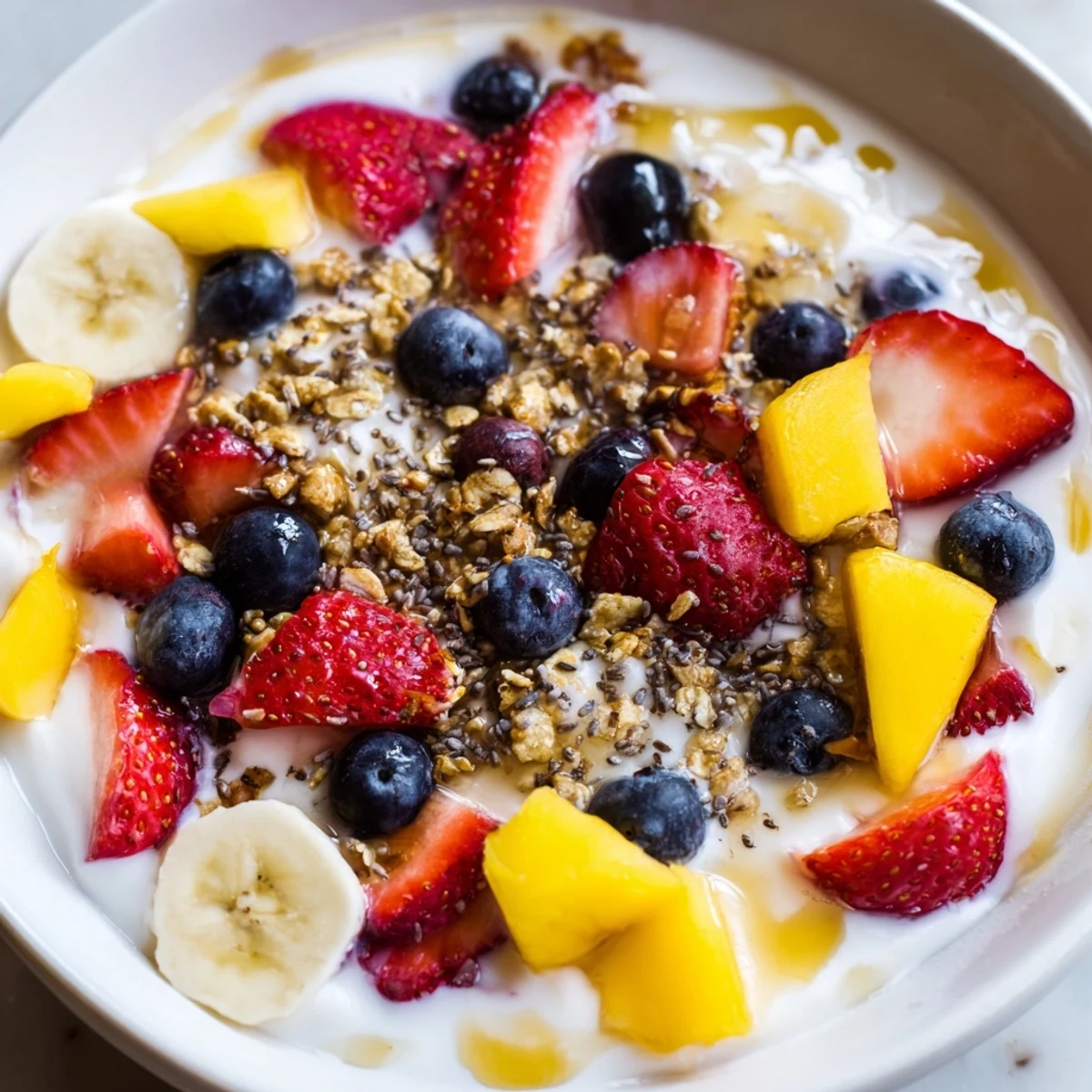 Thick Greek yogurt fruit bowl loaded with ripe banana mango and berries