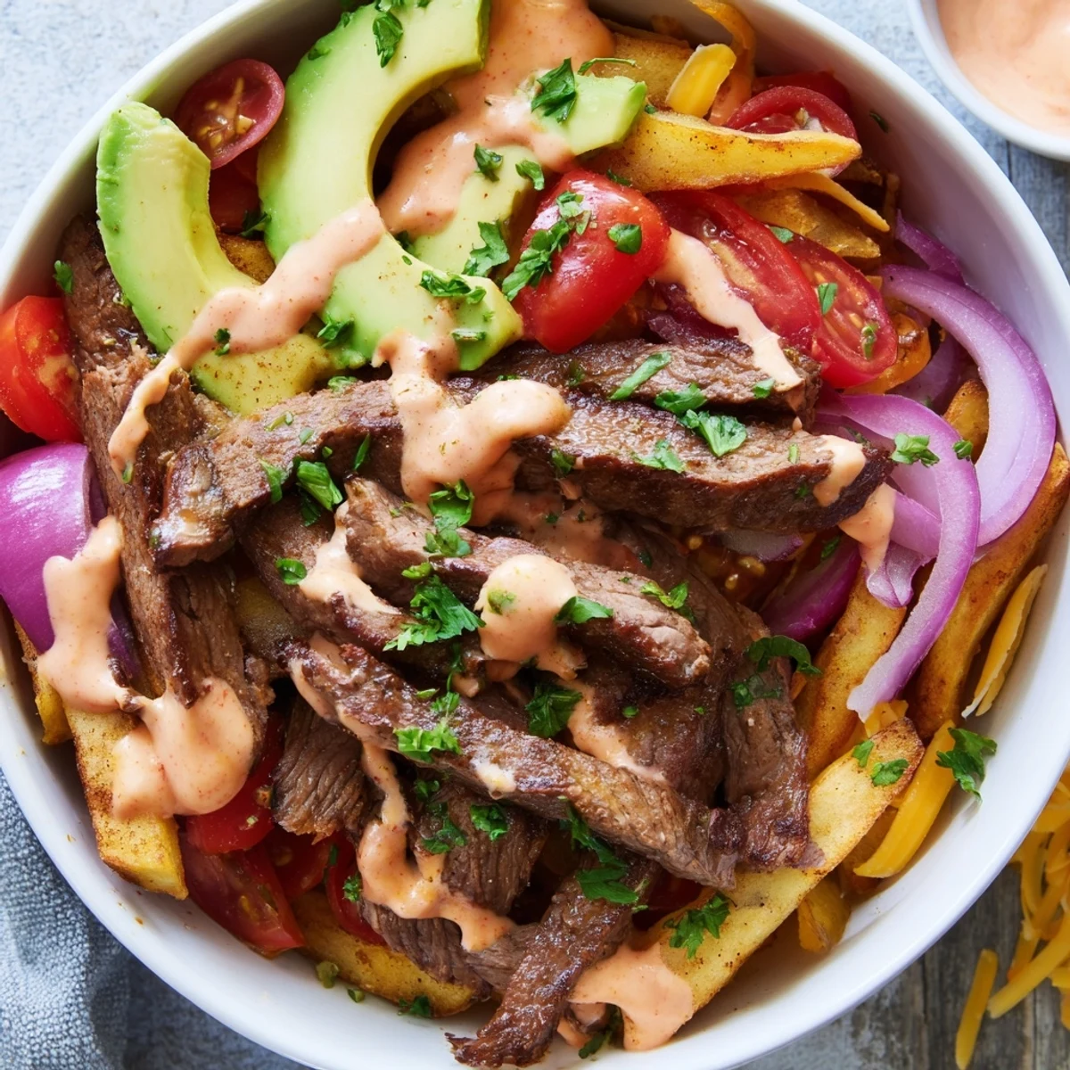 Crispy golden fries topped with tender steak strips and fresh salad vegetables in a hearty bowl