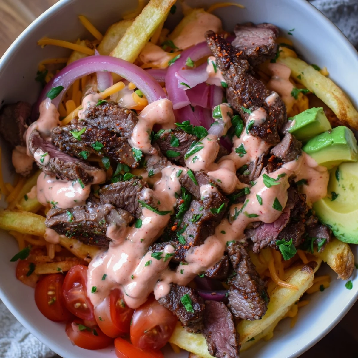 Steak strips and crispy fries bowl drizzled with smoky paprika sauce and melted cheddar cheese
