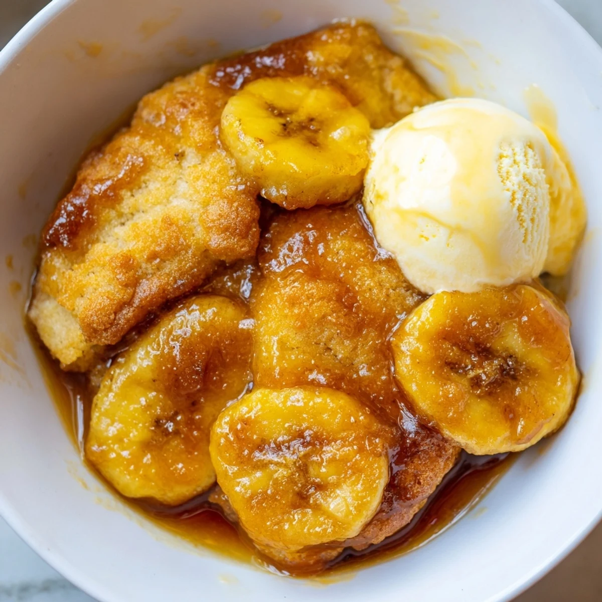 Golden Southern Banana Cobbler fresh from the oven with caramelized bubbling fruit