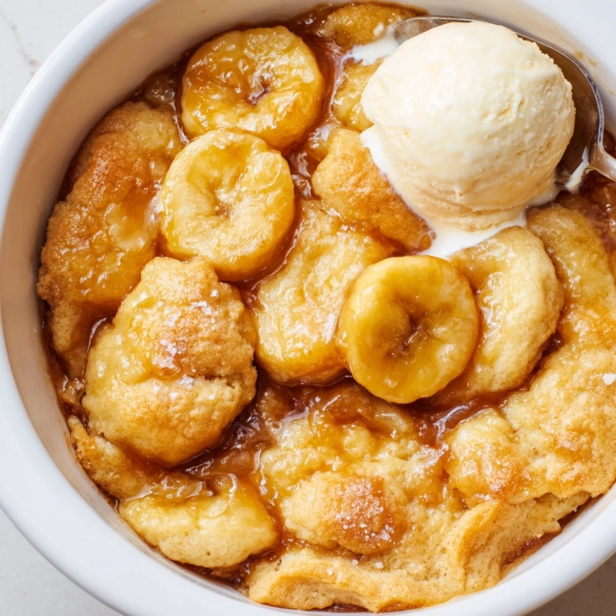 Southern Banana Cobbler topped with a scoop of creamy vanilla ice cream