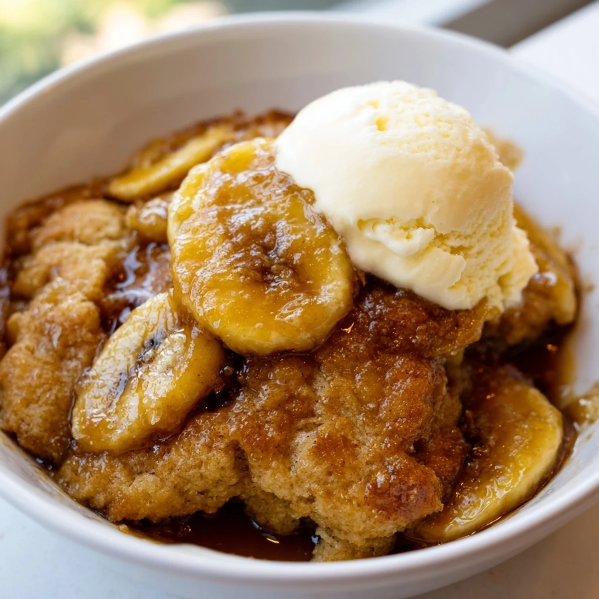 Warm Southern Banana Cobbler featuring tender spiced bananas under a buttery crust