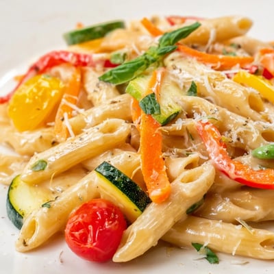Creamy Pasta Primavera features a colorful medley of spring produce coated in a rich Parmesan and lemon sauce, ready to serve hot.