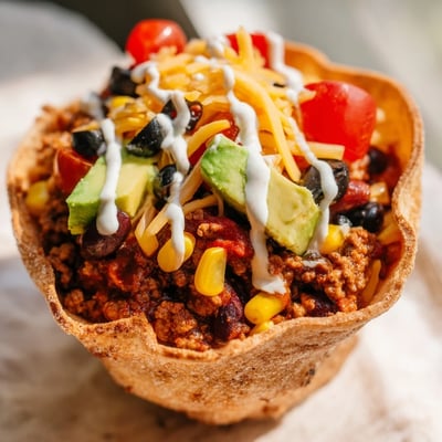 Beef Taco Salad with Homemade Tortilla Bowl topped with cheddar, black beans, and corn.