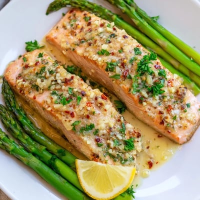 Golden Lemon Garlic Butter Salmon with Asparagus Spears on a baking sheet, garnished with fresh parsley and lemon slices.