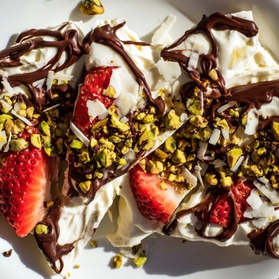 A close-up of Chocolate Covered Strawberry Yogurt Bark shows drizzled chocolate, chopped pistachios, and desiccated coconut on a chilled, crackly surface.