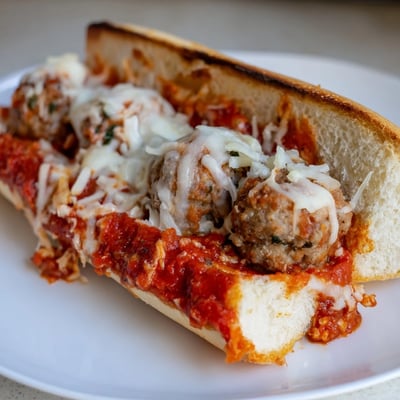 Steam rises from hot Turkey Meatball Subs with Marinara and Mozzarella, served on a plate for dinner.