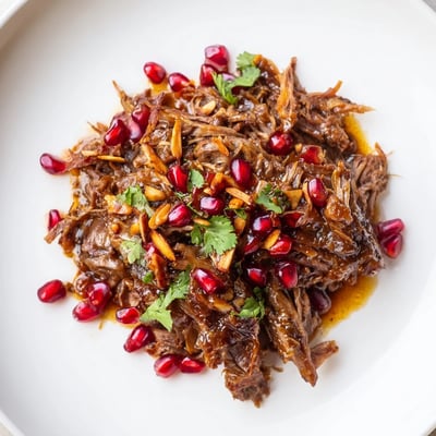 A close-up of Braised Lamb Shoulder with Pomegranate, showing succulent meat strands with a glossy, sweet-tart sauce on a rustic plate.