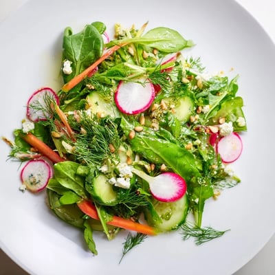 A vibrant Spring Garden Salad with Radishes and Cucumber topped with crumbled feta and toasted sunflower seeds for garnish.