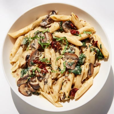 Warm bowl of Creamy Tuscan Mushroom Pasta Skillet with sun-dried tomatoes and spinach, perfect for a cozy dinner.