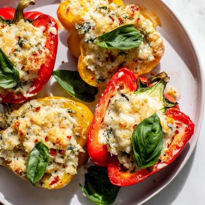 Bright bell peppers stuffed with ricotta, mozzarella, and Parmesan, baked until tender with golden tops, perfect for a vegetarian main dish.