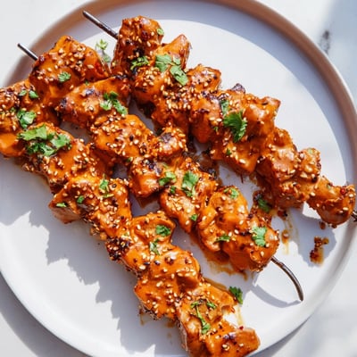 Tender skewered chicken pieces coated in Bang Bang sauce, garnished with scallions and sesame seeds, set against a rustic wooden backdrop for an appetizing dinner presentation.