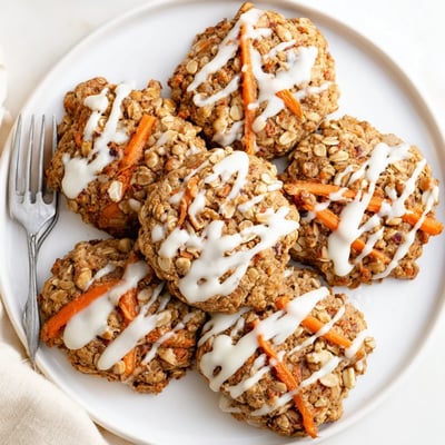 Chewy carrot cake cookies studded with walnuts and raisins arranged on cooling rack
