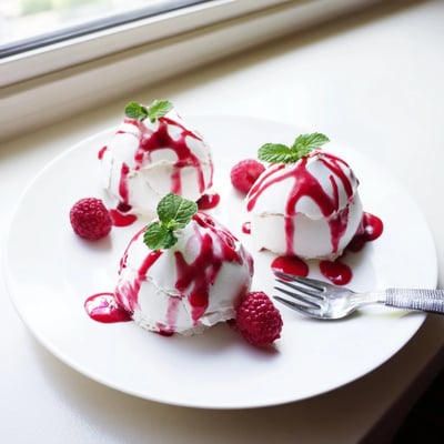 Pavlova Bombs With Raspberry Coulis