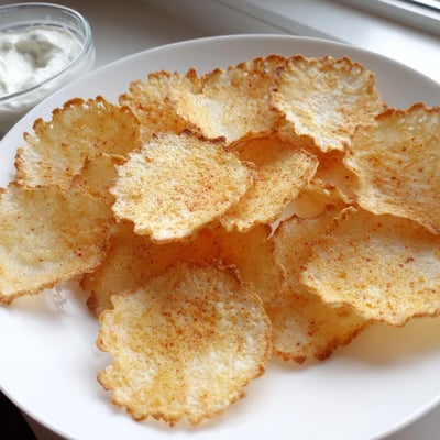 Cottage cheese chips served in a bowl alongside fresh yogurt dip