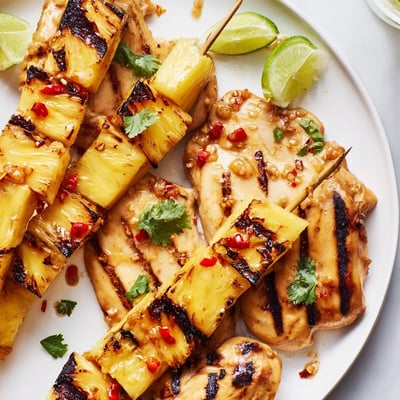 Golden Chili Pineapple Grilled Chicken sliced open revealing tender meat beside caramelized fruit skewers