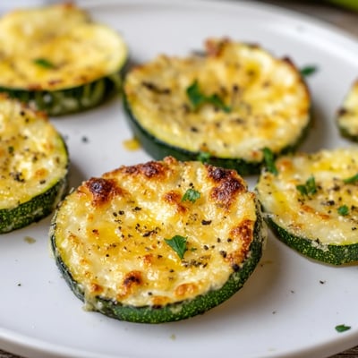 Tender zucchini slices glistening with olive oil and melted Parmesan cheese