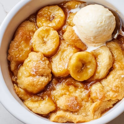 Southern Banana Cobbler topped with a scoop of creamy vanilla ice cream